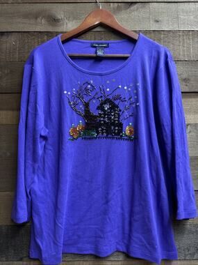 Women's Halloween T-Shirt XL Purple Haunted House Beaded Sequins Long Sleeve